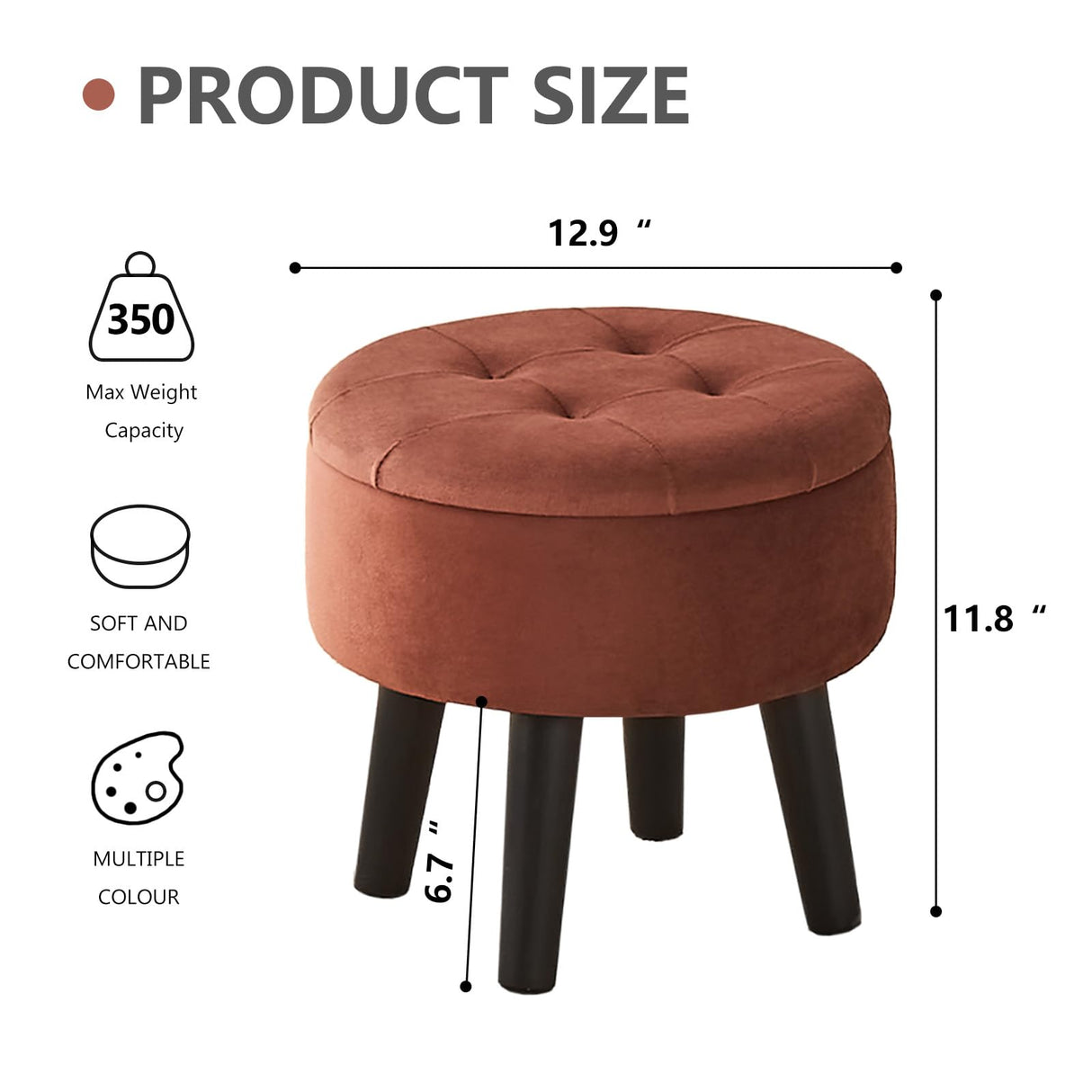 Cpintltr Storage Ottoman Footstool Round Footrest with Removable Lid Soft Padded Foot Stool with Solid Wood Legs Side Table with Storage Step stool Extra Seating for Hallway Living Room Bedroom Coffee Cpintltr