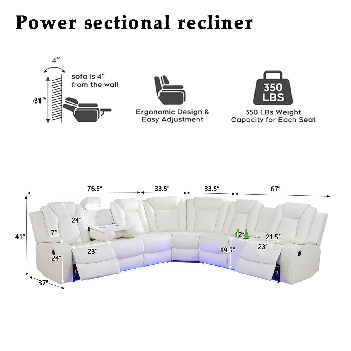 A Ainehome Power Recliner Sectional Sofa Couch with 2 Recliner, Living Room Furniture Sets, Leather Power Reclining Sectional Sofa Set with LED, Leather Couches with USB Port&Storage for Living Room A Ainehome