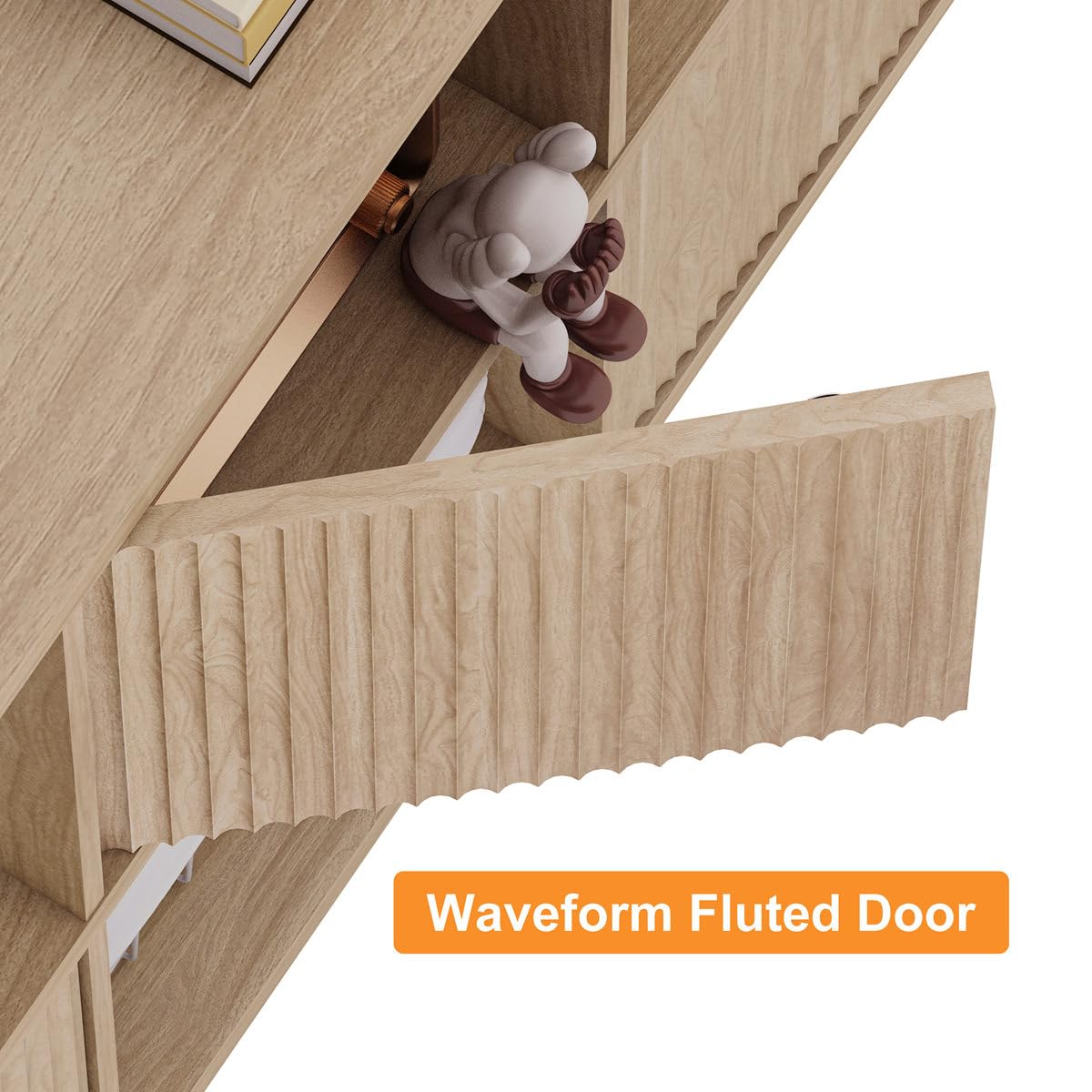 FATORRI 8 Cube Bookshelf with 4 Doors, Modern Mid Century Wood Book Shelf with Storage, Low Horizontal Cubby Bookcase for Home Office (Light Walnut) FATORRI