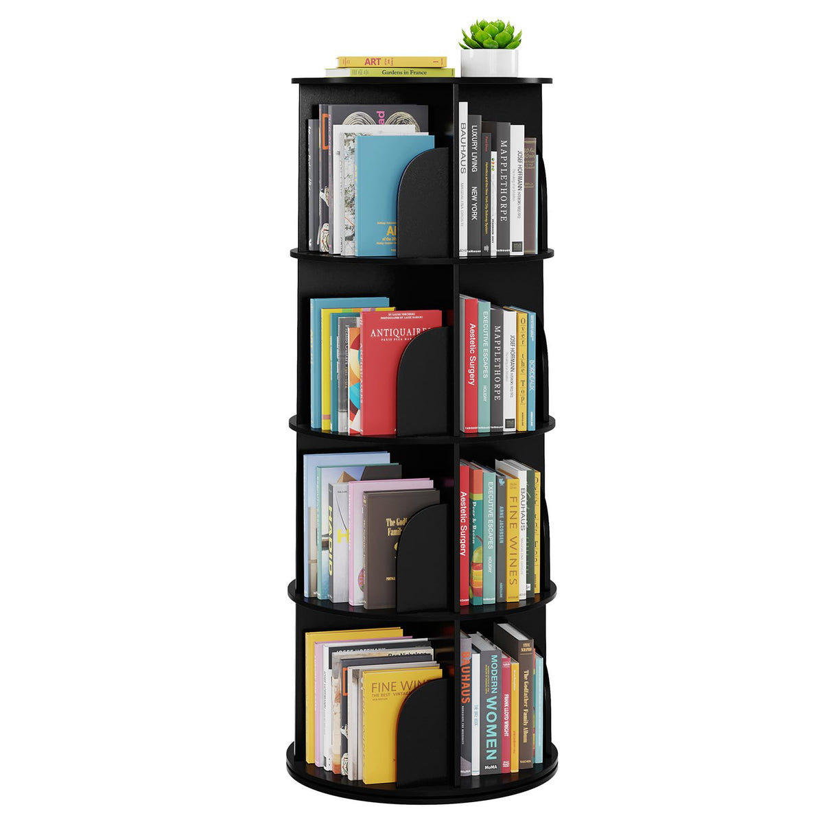 SpaceAid 4 Tier Rotating Bookshelf Tower, Spinning Bookcase Lazy Susan, Revolving 360 Book Shelf Storage Round Carousel, Vertical Rotate Turning Spiral Corner Organizer, Black SpaceAid