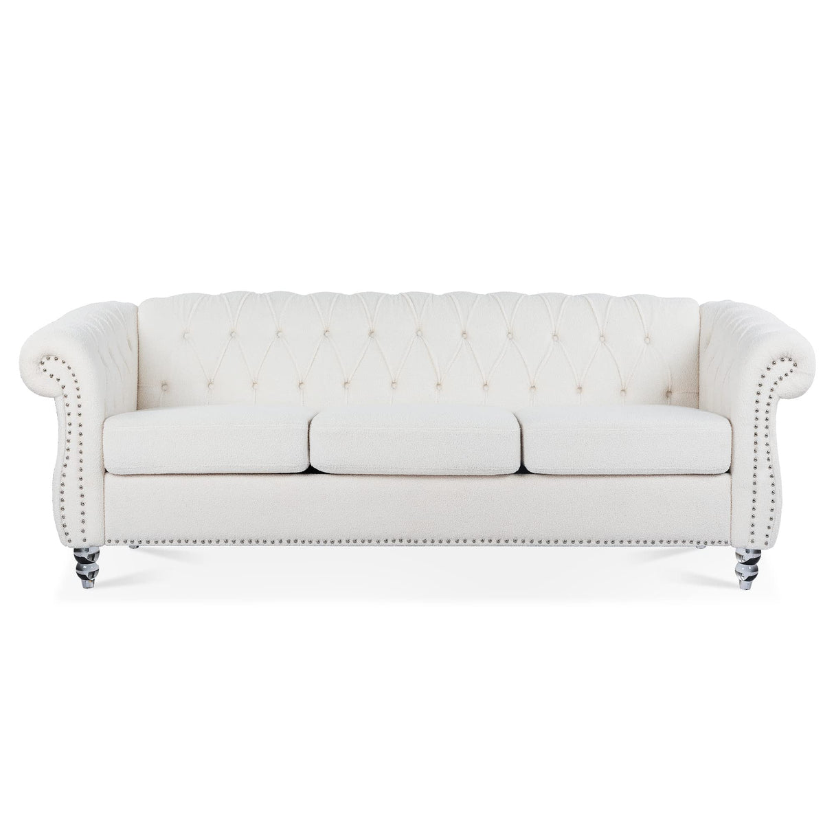 PHOYAL 3 Seater Sofa, Teddy Velvet Chesterfield Sofa Modern Tufted Couch 3 Seater Large Sofa with Scroll Arms and Nailhead for Living Room, White PHOYAL