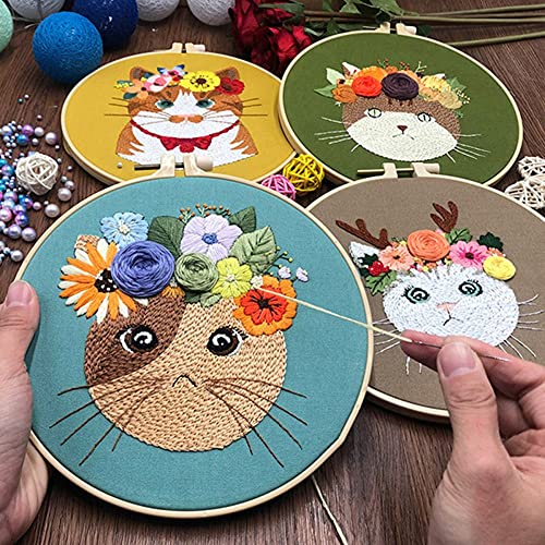 Mozzyyee Embroidery Starter kit, DIY Adult Beginner Embroidery Kits, Including Cloth with Cat Patterns, Colored Threads, Needles, Hoops and Instructions (Blue)