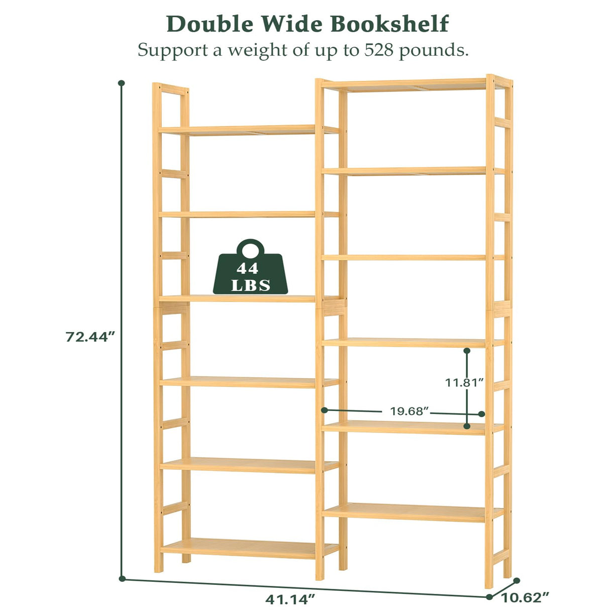 Homykic Double Wide Bamboo Bookshelf, 6-Tier Large Open Bookcase with 12 Display Shelves, 6ft Tall Freestanding Book Shelf for Home Office, Bedroom, Living Room, Plants, Natural Homykic