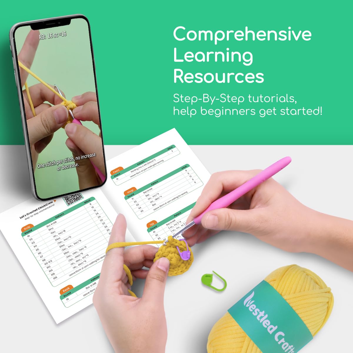 NestledCrafts Beginners Crochet Kit, Amigurumi Crochet Animal Kit, Easy Learn to Crochet with Step-by-Step Video Tutorials, 3PCS The Chick Family for Kids & Adults NestledCrafts