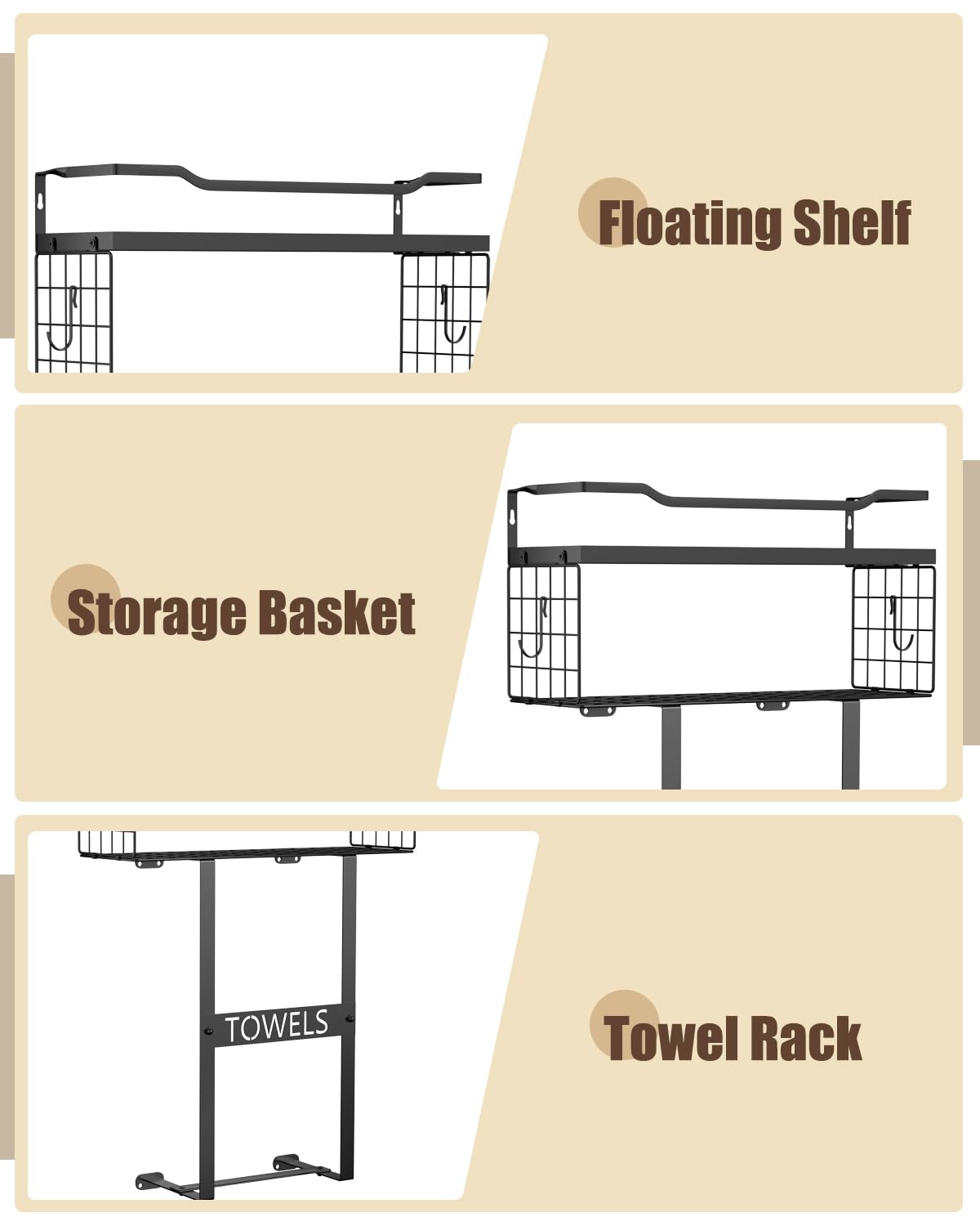 Wall Mounted Towel Rack for Bathroom - Bath Storage Holder Set Above Toilet, Rolled Towel Shelf Organizer, Wood Vertical Rack for Small Bathroom Decor, Black Aetyord