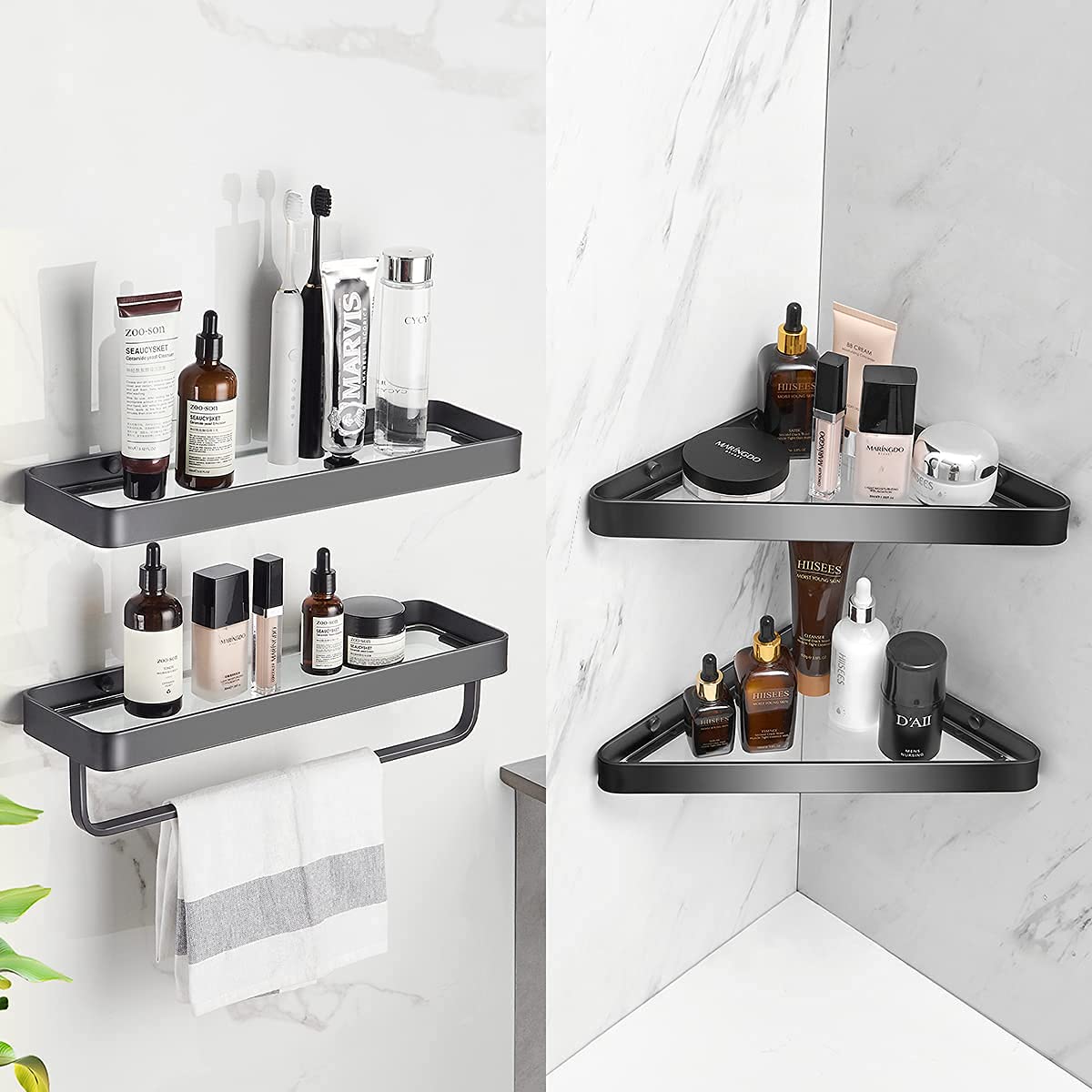 VOLPONE Bathroom Shelves Wall Mounted Glass Shelf for Floating Shelf Tempered Glass Shelves 2 Tier Bathroom Wall Organizer(Black) VOLPONE