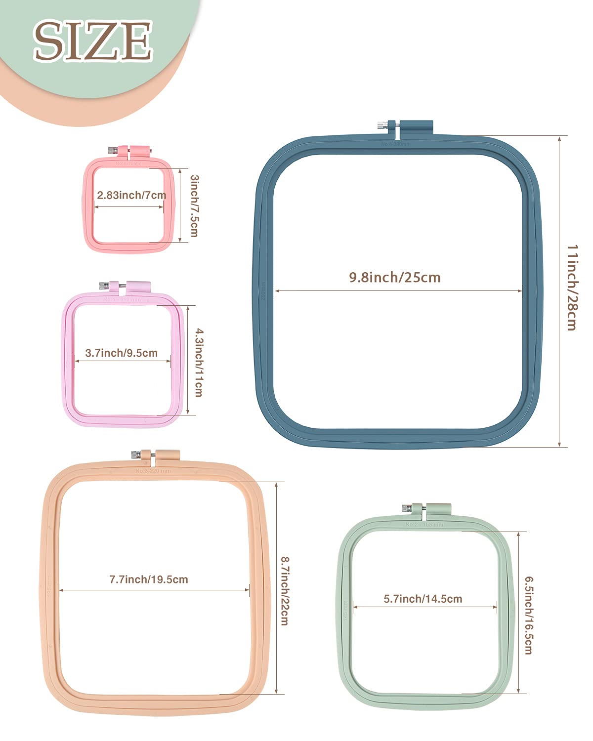 Pllieay 5 Pieces 5 Sizes Square Embroidery Hoops, ABS Plastic Embroidery Hoops for DIY Embroidery Craft Pllieay