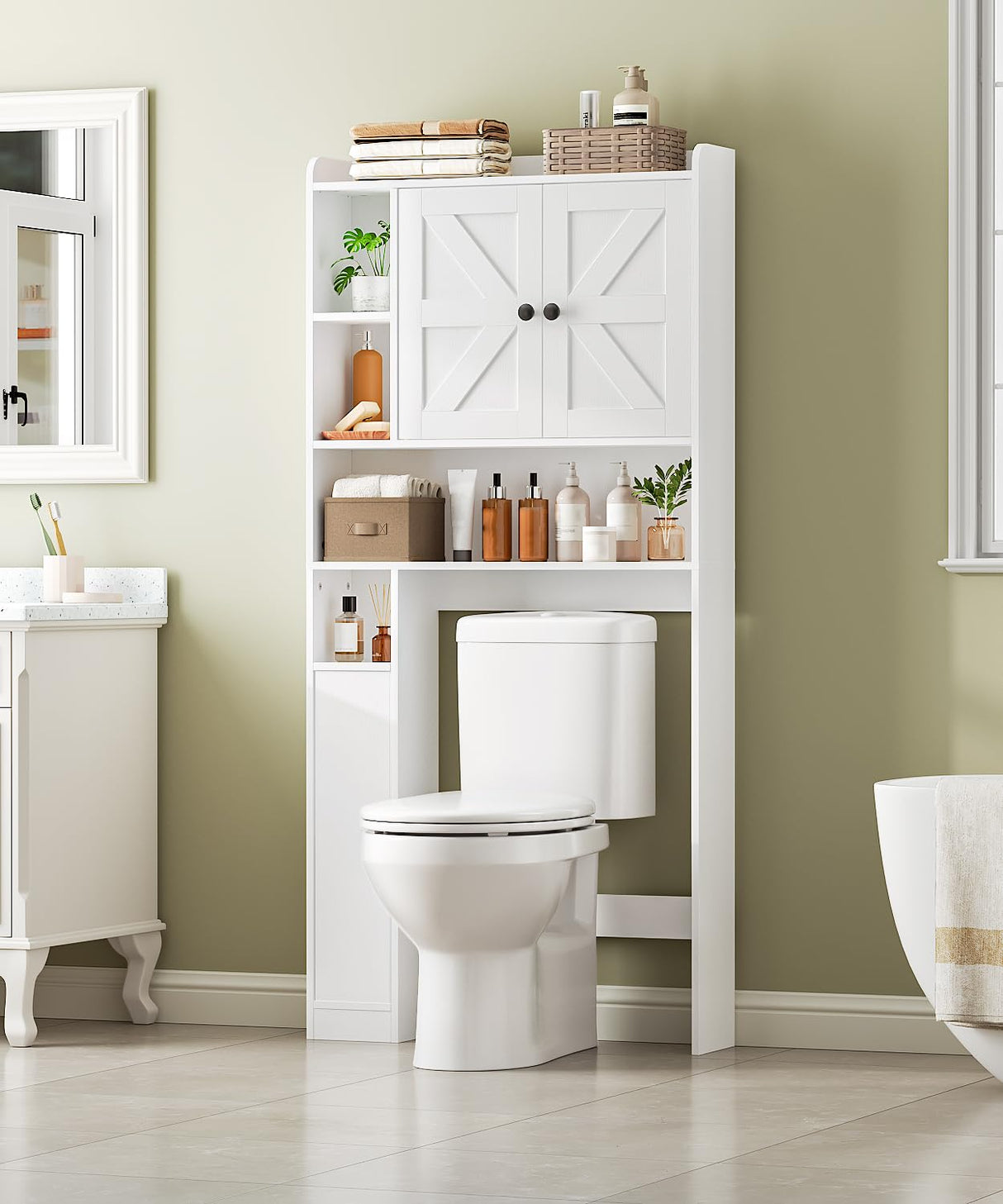 HOOBRO Over The Toilet Storage Cabinet, Farmhouse Over Toilet Bathroom Organizer with Doors and Adjustable Shelves, 31.5" W x 7.5" Dx 66.7" H, Space-Saving for Bathroom, Laundry, White WT80TS01N1 HOOBRO