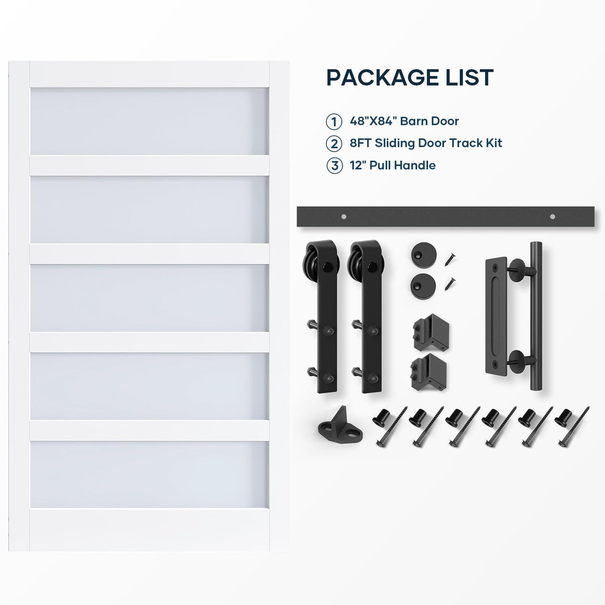 EaseLife 48in x 84in Glass Barn Door with 8FT Sliding Door Hardware Kit Included & Handle,Solid LVL Wood Covered with Water-Proof & Scratch-Resistant PVC Surface,DIY Assembly,5-Panel Glass,White EaseLife