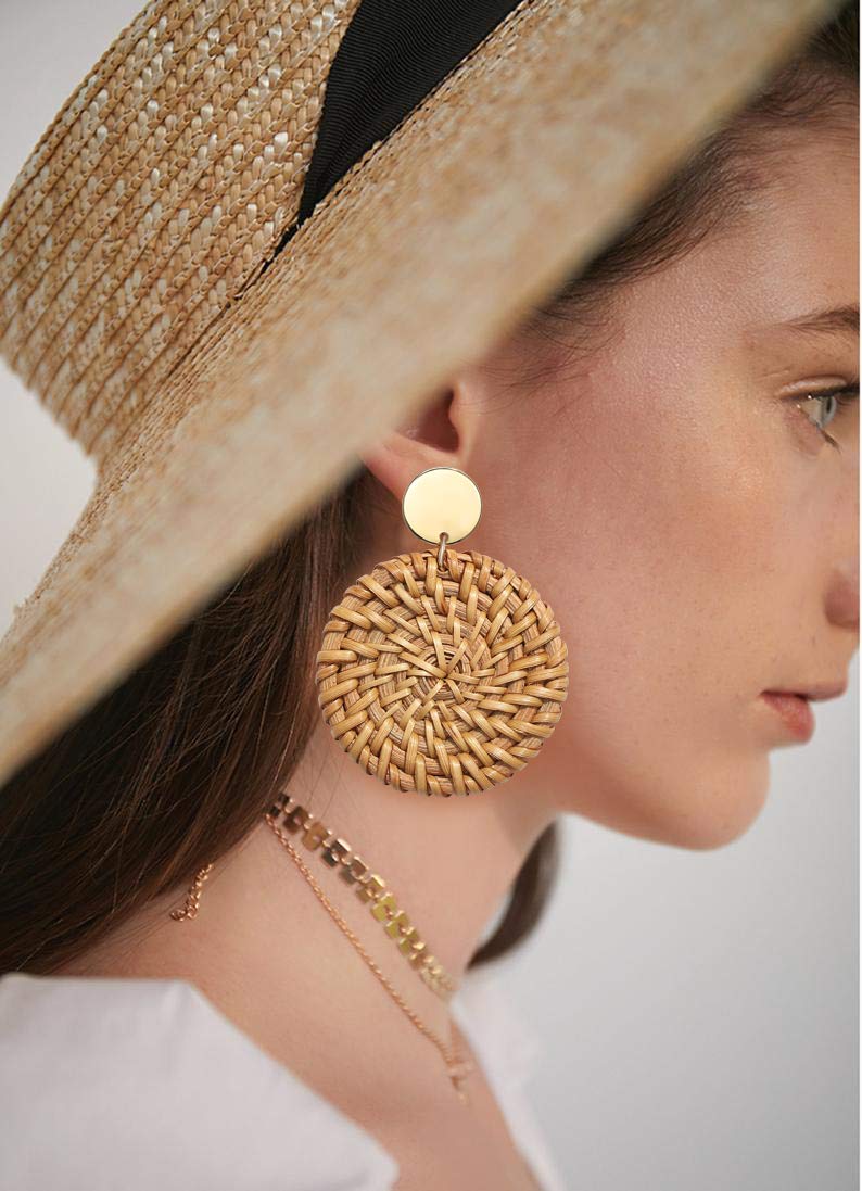 Long Necklace and Rattan Earrings Set for Women Handmade Long Tassel Rattan Necklace Wicker Earring Lightweight Weave Statement Jewelry (Brown) UYT