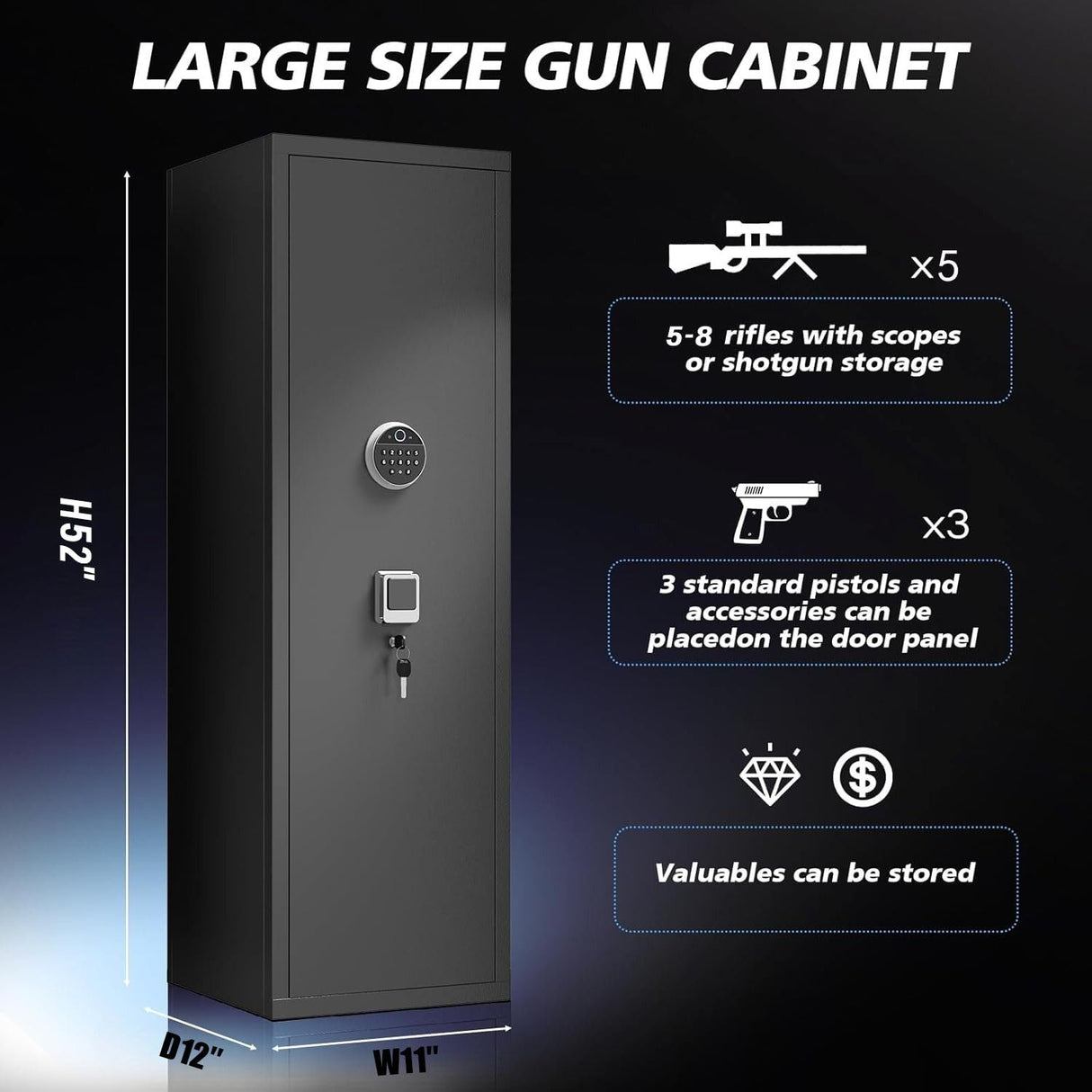 5-8 Biometric Gun Safe for Home, Large Capacity Rifle & Pistol Safe with Quick-Access Lock, Ammo Storage, No Assembly Required (52"H*12"W*11''D) Leariso