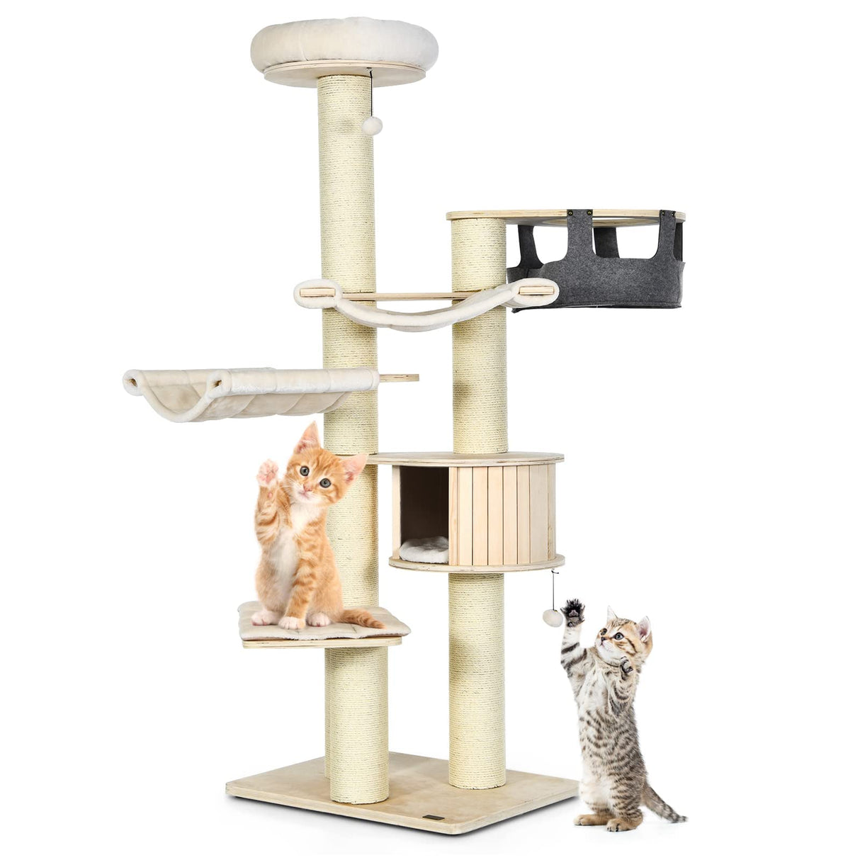 Tangkula Large Cat Tree, Multi-Level Tall Cat Tower with Sisal Scratching Posts, Hammocks, Hanging Basket, Cat Condo and Removable Washable Cushions, Modern Wood Cat Tree for Indoor Cats Large Adult Tangkula