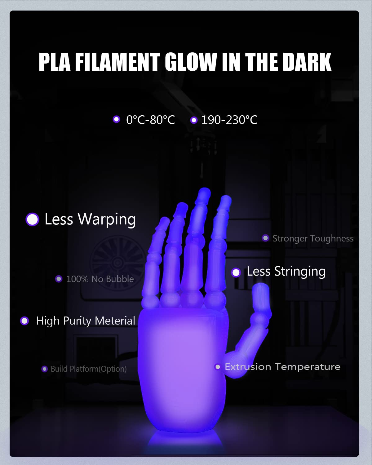 FAHKNS 3D Printer Filament PLA Glow in The Dark 1.75mm 3-D Printing Materials Purple Print Filiment 1.75 mm Dimensional Accuracy ±0.05mm Filimate Vacuum Pack 1KG Spool Fillament FDM Fillamentum Rolls FAHKNS