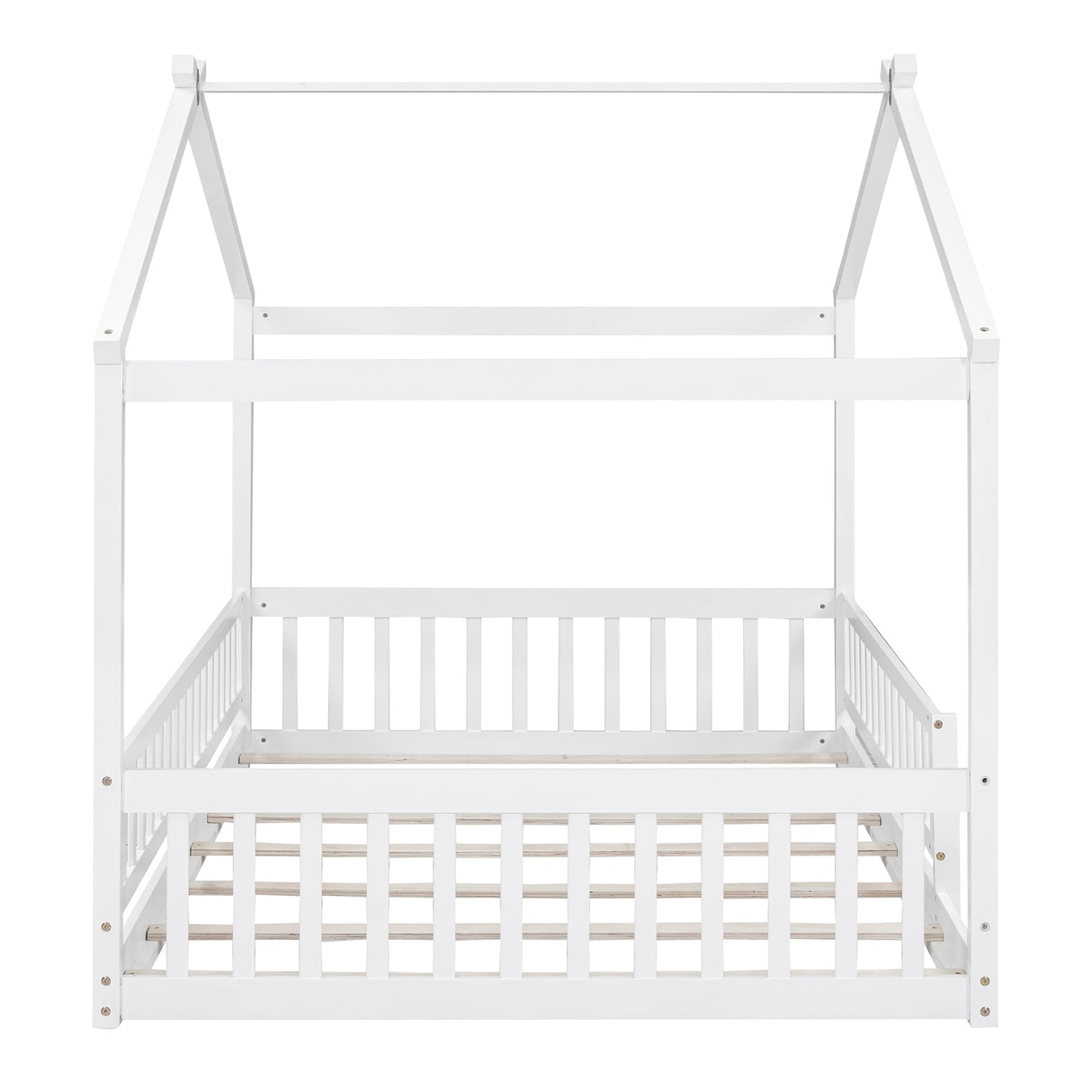 House Bed Full Size Floor Bed with Fence Railings, Wooden Montessori Style Bed Frame for Kids, Fun Playhouse Beds for Girls Boys, White Bellemave