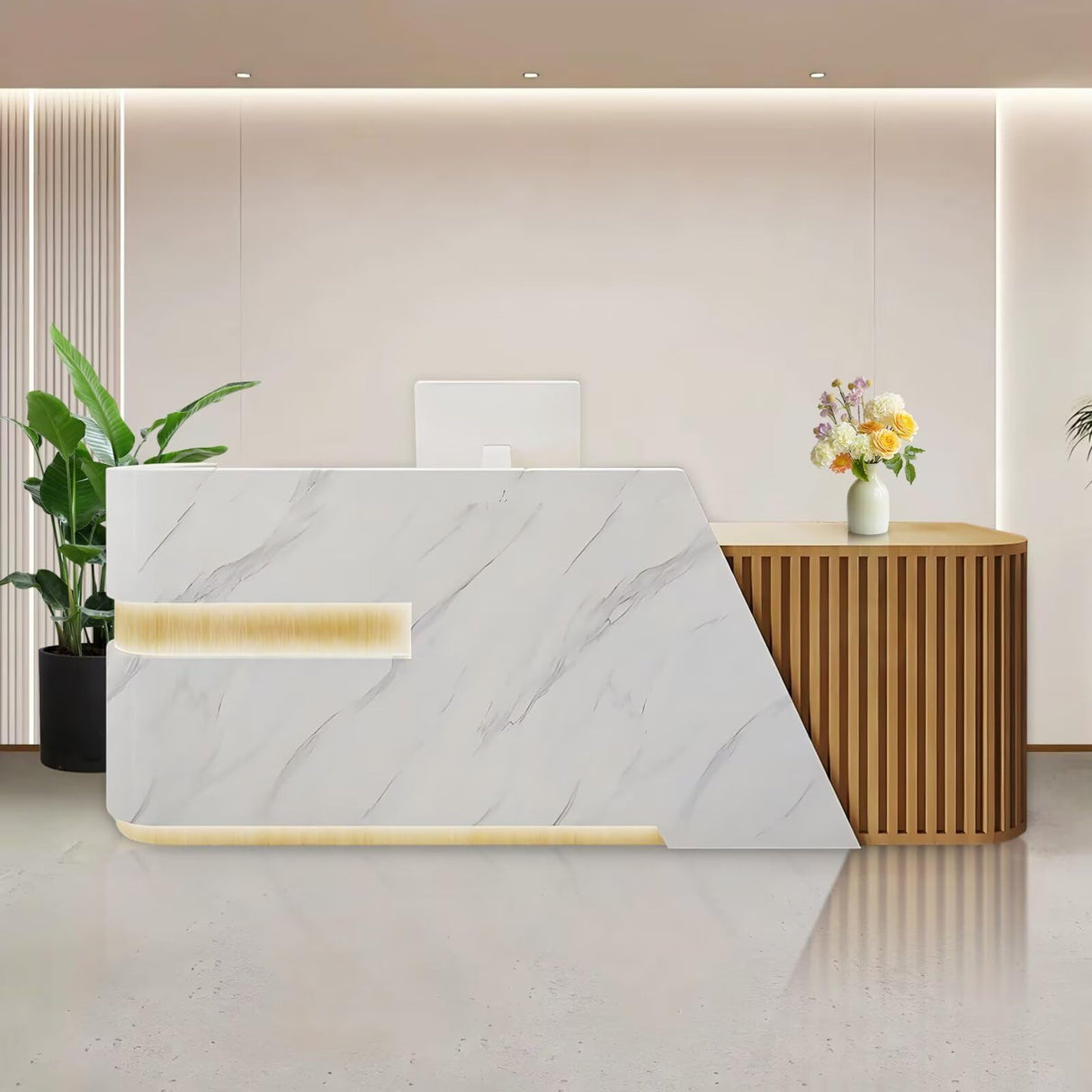 Reception Desk Modern Front Desk Reception Counter Retail Checkout Counter with Hidden Lighting Receptionist Room Tables No Assembly Required for Beauty Salon Wood and White Right 87inch Generic