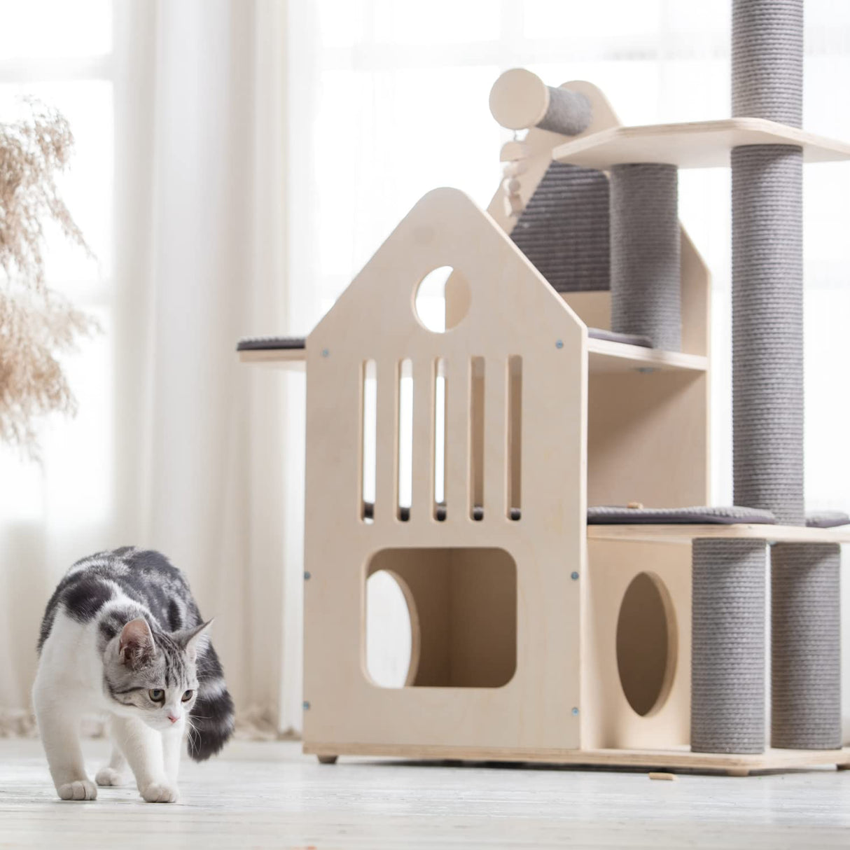 Pawlabay Wood Cat Tree for Indoor Cats,Cat Tree Tower with Cat Scratching Post,Cat Tower for Indoor Cats with Mutil-Level Cat Houses,44.5 Inch Tall PawlaBay