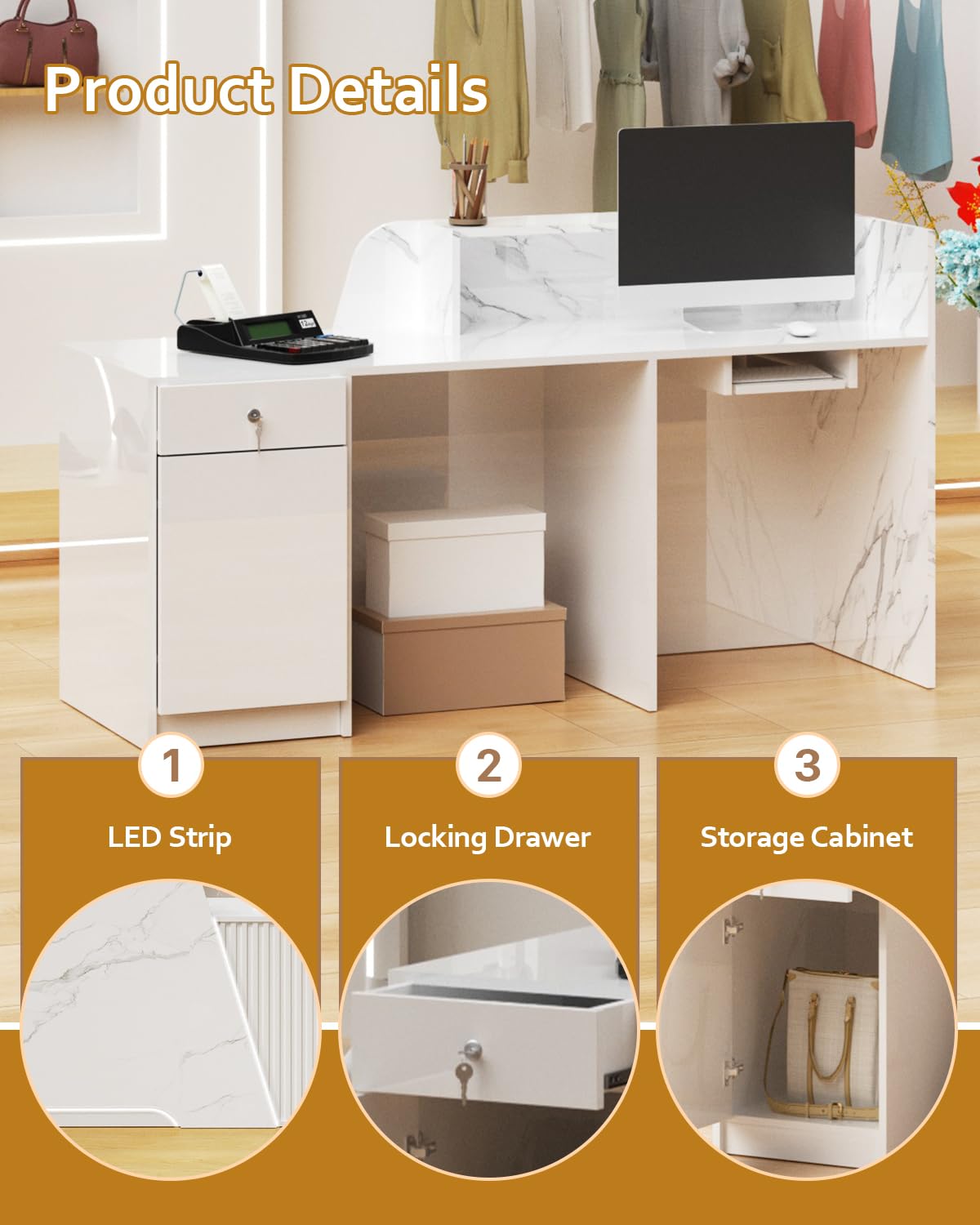 Modern Reception Desk with Counter, Solid Wood Retail Counter with Lockable Drawer & Shelves, White Front Desk for Checkout, Lobby, Beauty Salon, Barber and Office (63in,Left) Generic