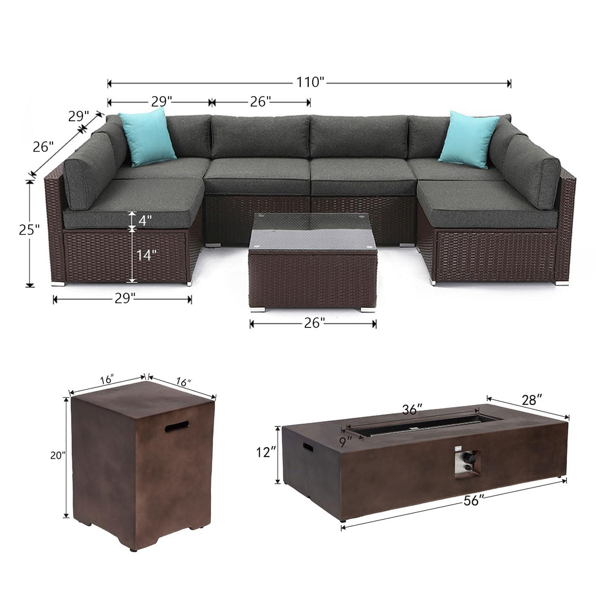 COSIEST 9 Piece Outdoor Wicker Sectional Sofa w Fire Pit Table,Chocolate Brown Patio Furniture Set w 56 x 28 inches Rectangle Bronze Fire Table (50,000 BTU) and Tank Outside(20lb) for Garden COSIEST