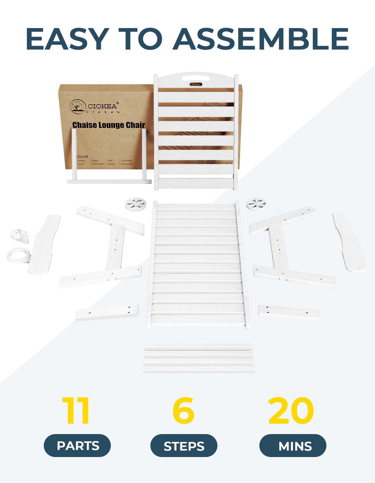 Lounge Chair Outdoor, Oversized Chaise Lounge Chair with 5 Positions, HDPE, Patio Lounge Chair with Wheels & Cup Holder for Pool, Deck, Poolside, White Ciokea