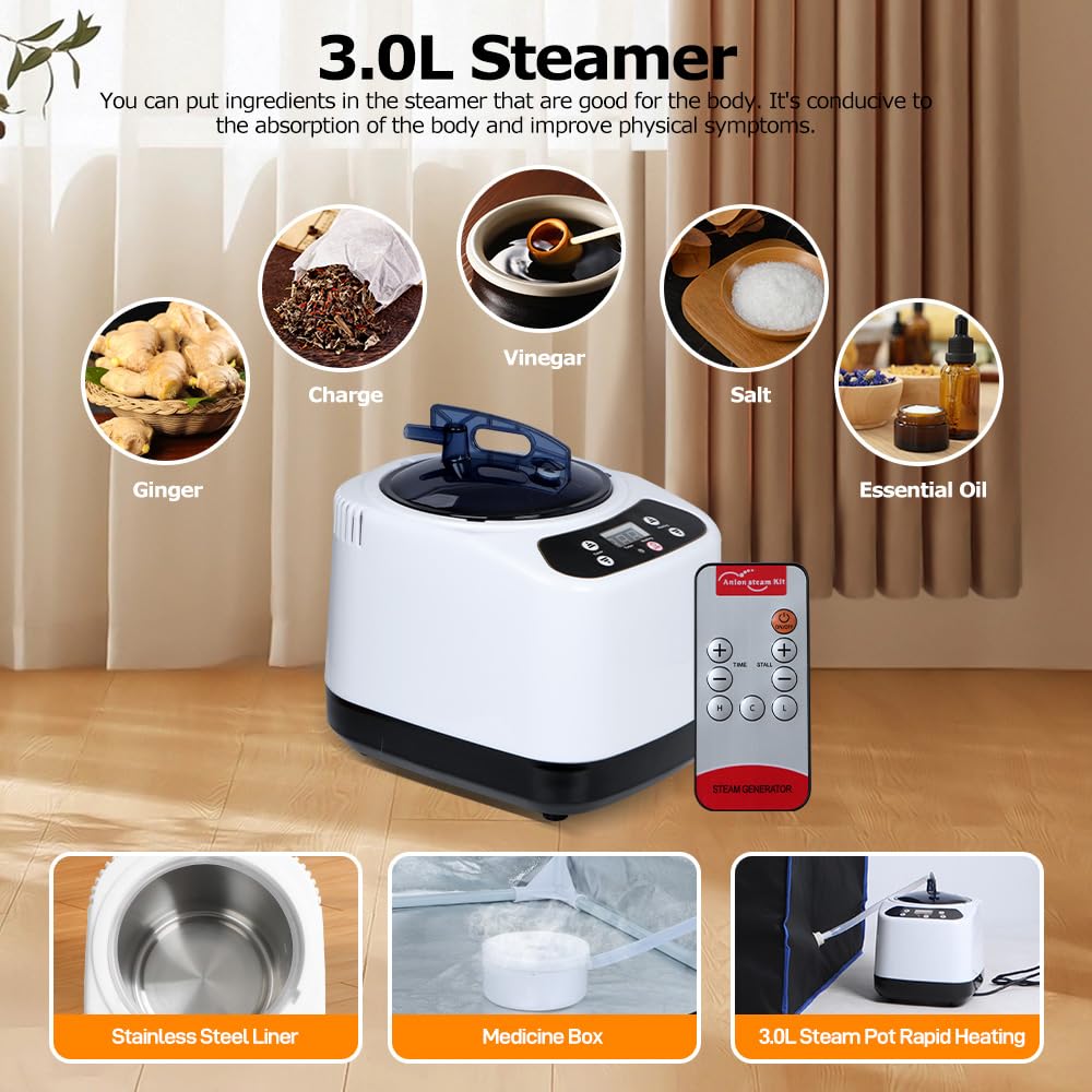 Panana Portable Steam Sauna, Full Size Full Body Home Sauna Box, Foldable Sauna Tent with 1000W 3L Steamer, Remote Control, Folding Chair, 9 Levels Panana