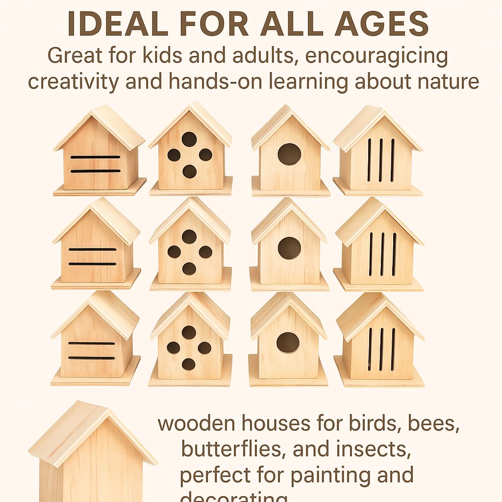 12 Pack Oojami Wooden Bird, Bee, Insect, and Butterfly Houses, DIY Paintable Craft Kit, Bulk Set for Kids and Adults, Outdoor Garden Habitat for Pollinators Oojami
