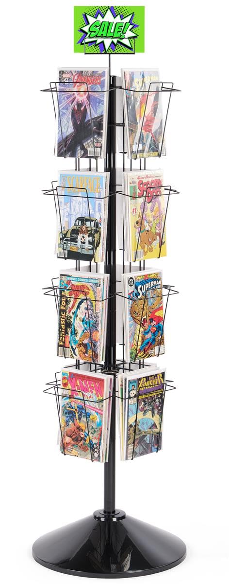Displays2go 59" Tall Metal Wire Rotating Magazine Rack with 16 Pocket and Sign Holder - Black (WSFM416PB) Displays2go