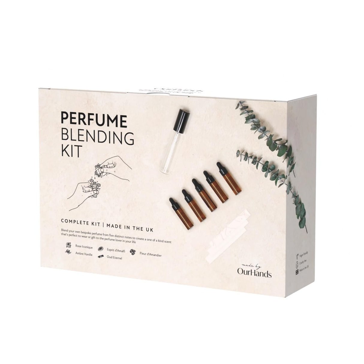 OurHands Perfume Making Kit Create Your Own Signature Perfume with 5 Premium Fragrance Oils, Perfumer’s Alcohol, Reusable Glass Atomiser, and Custom Naming Stickers OurHands