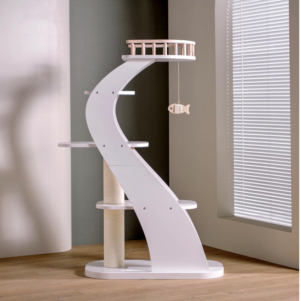 SHENGOCASE Modern Stylish 52.4 inches Tall Wooden Cat Tree Tower, Aesthetic Cat Condo Ladder with 5-Level Big Perch Platform Bed for Window Large Scratching Post SHENGOCASE