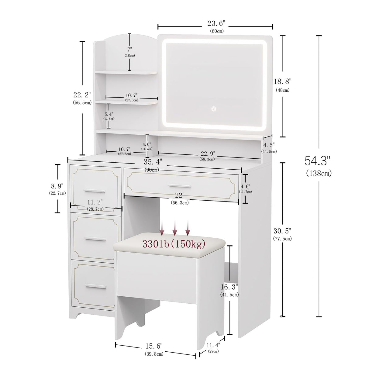 Hogxp Vanity Table with LED Mirror & Power Outlet - 5 Open Shelves, 4 Drawers - Includes Padded Stool - Ideal Bedroom Makeup Dressing Table (White) Hogxp
