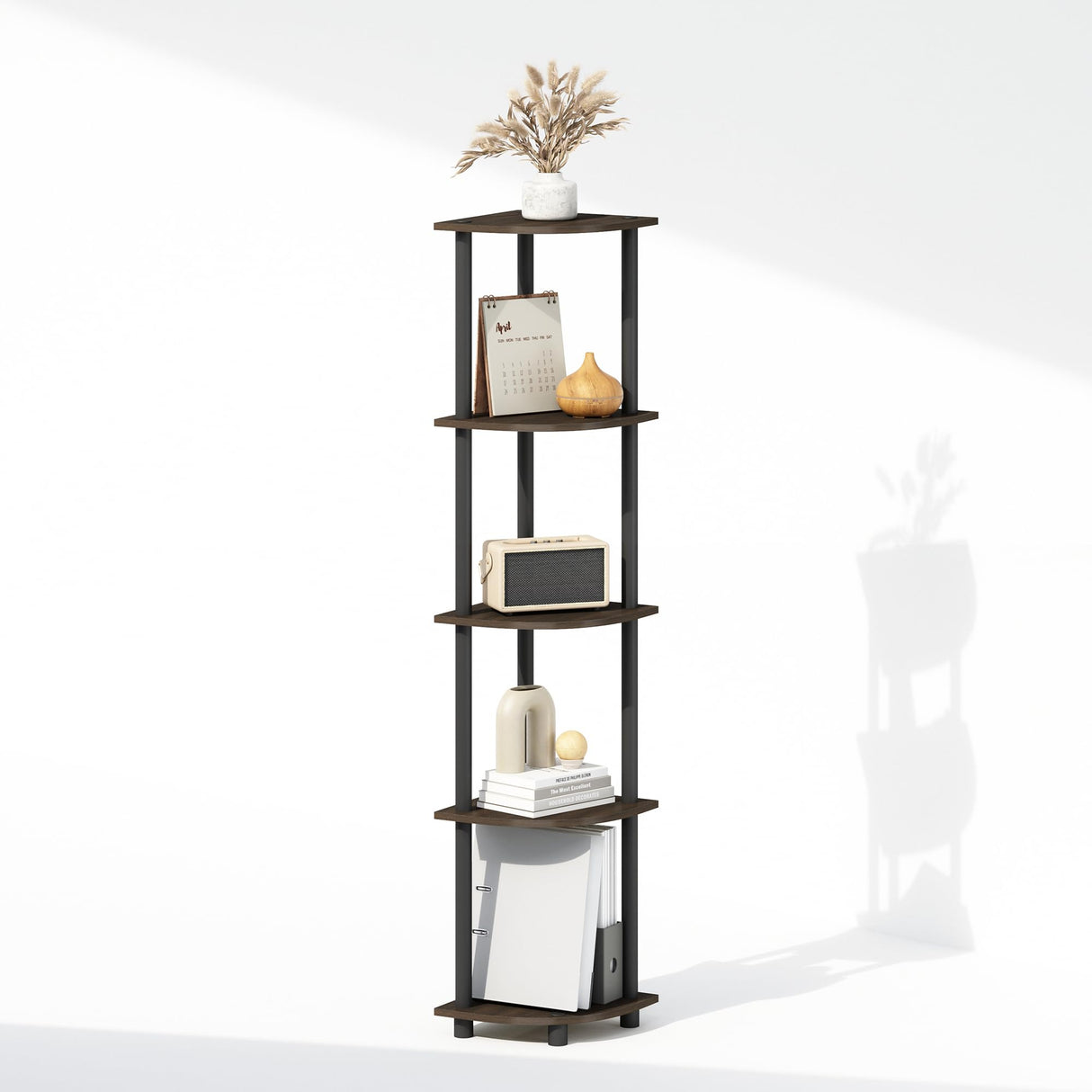 Furinno Turn-N-Tube Corner Shelf, 5-Tier Corner Display Rack, Shelving Unit, for Organization and Storage, Living Room, Home Office, Garage, Bedroom, Dark Brown Grain Furinno