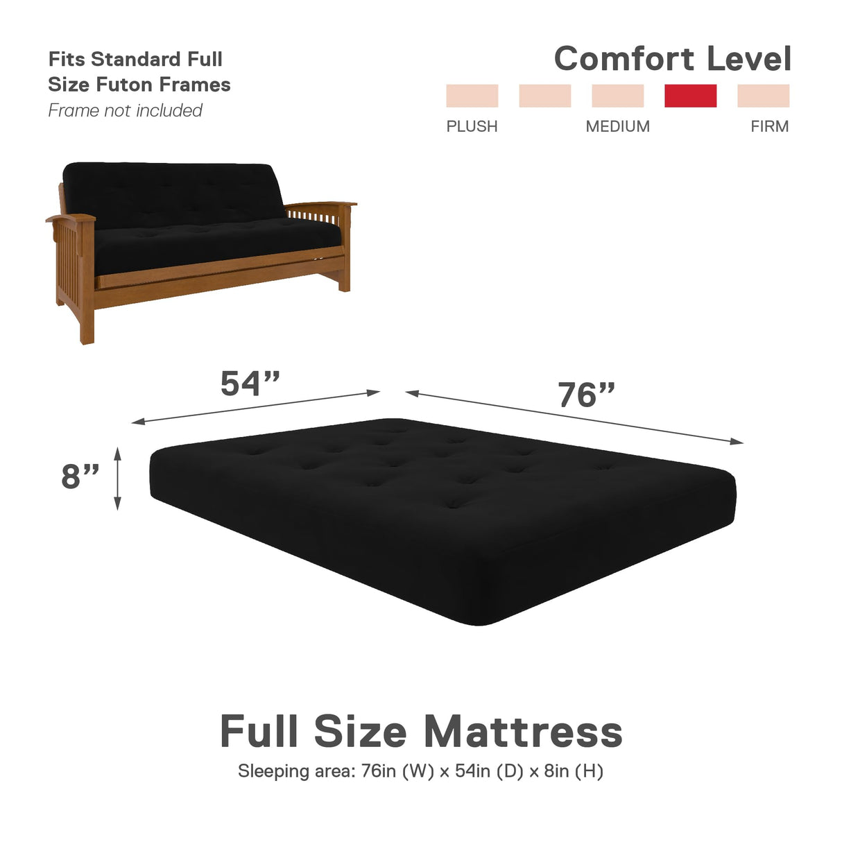 DHP Trule 8" Reversible Full Size Futon Mattress, Pocket Coil Spring, Polyester, Firm Support, Linen-Like Cover, Eco-Friendly, Black DHP