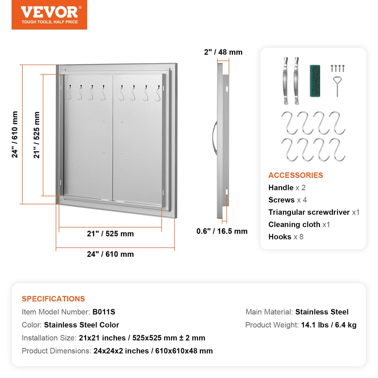 VEVOR BBQ Access Door, 24W x 24H Inch Double Outdoor Kitchen Door, Stainless Steel Flush Mount Door, Double Wall Vertical Door with Handles and Hooks, for BBQ Island, Grilling Station, Outside Cabinet VEVOR