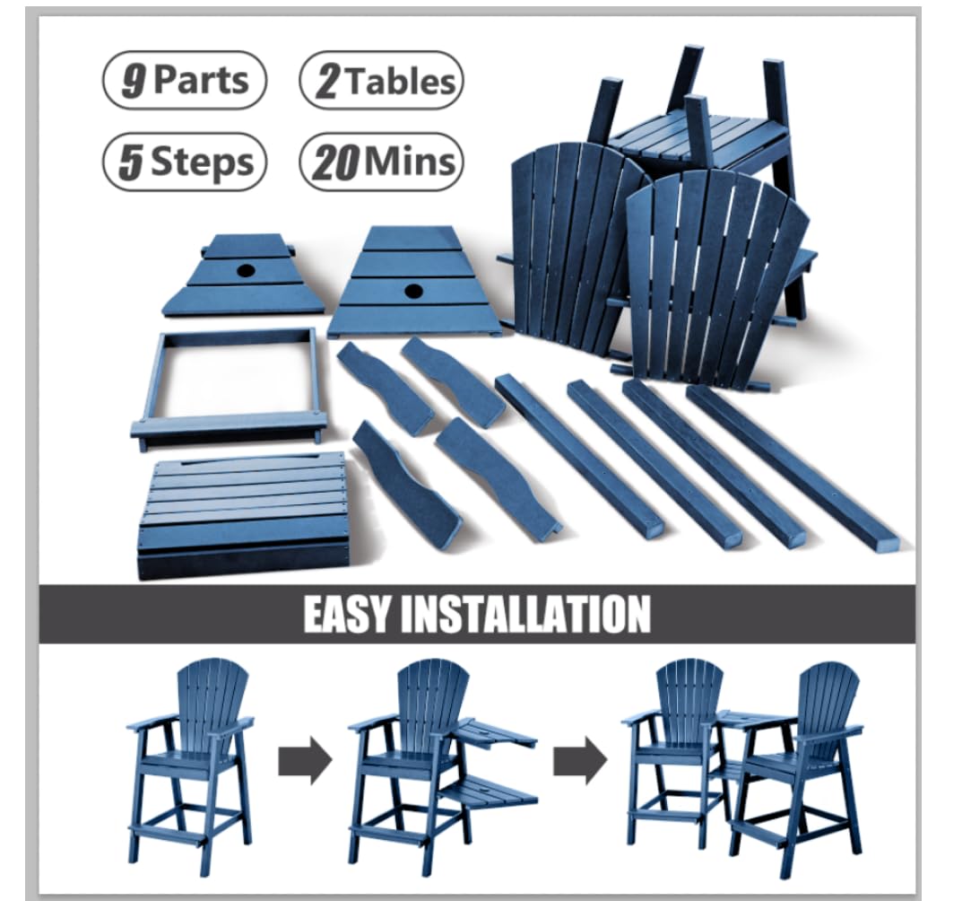 FOOWIN Tall Adirondack Chairs Set of 2,Recycled Poly Balcony Chair with Double Connecting Tray Patio Stools Weather Resistant for Outdoor Deck Lawn Pool Backyard (Double Connecting Tray, Navy Blue) FOOWIN