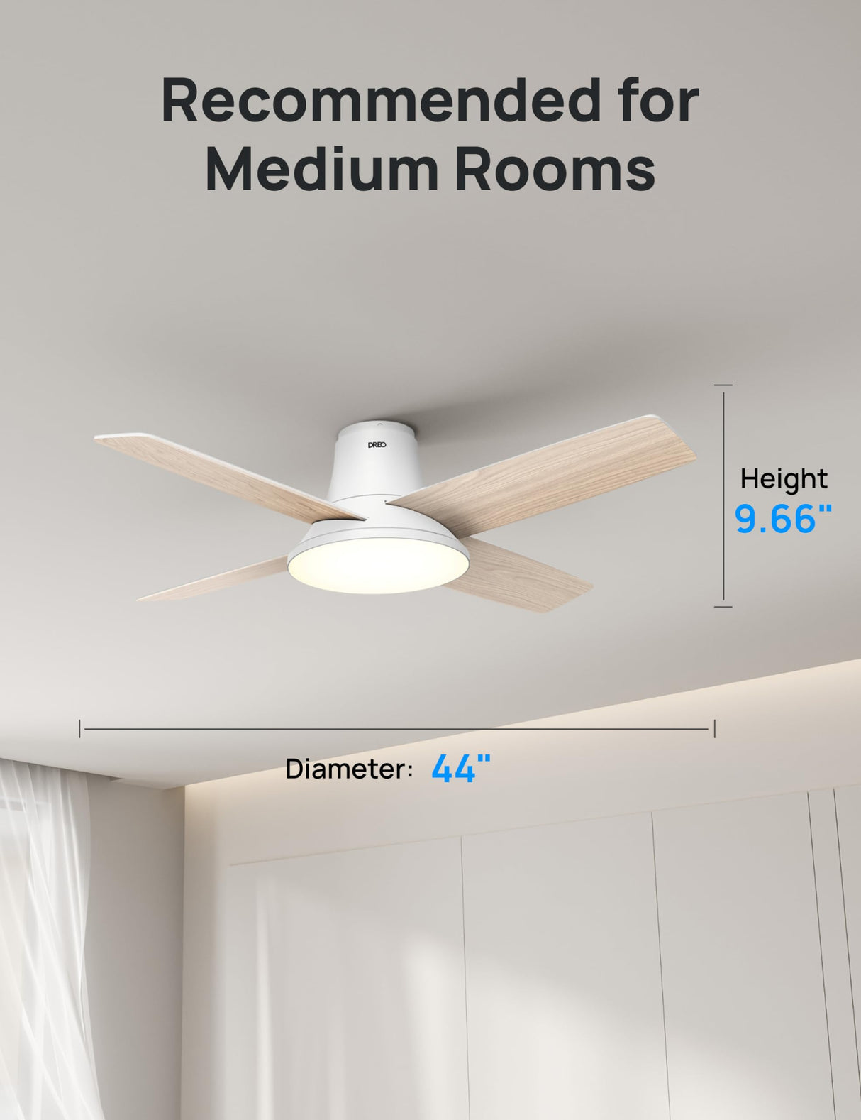 Dreo Ceiling Fans with Lights, 12 Speeds & 3 Fan Modes, Quiet DC Motor, Low Profile Easy to Install, Flush Mount Smart Ceiling Fan with Dimmable LED, 12H Timer for Bedroom, Remote, White, 44'' Dreo