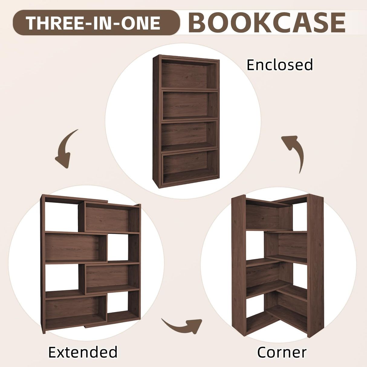 AKFJOSGE Expandable 3-in-1 Convertible Bookcase with Adjustable Width, Corner & Straight Shelf Design, 4-Tier Modern Storage Organizer, Space-Saving Wooden Bookshelf for Living Room, Bedroom AKFJOSGE