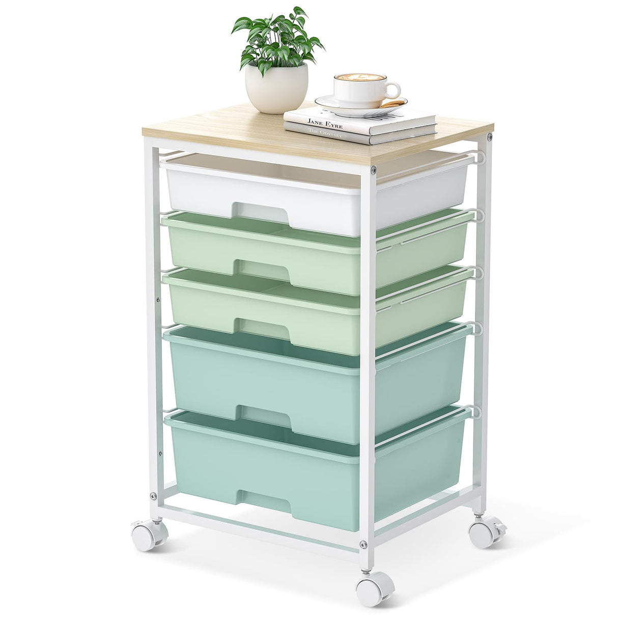 Craft cart,Rolling Cart with Drawers,Storage Cart with 5 Drawers and Wooden Tabletop for Under Desk Organizers and Storage,Green SYKIARIOL