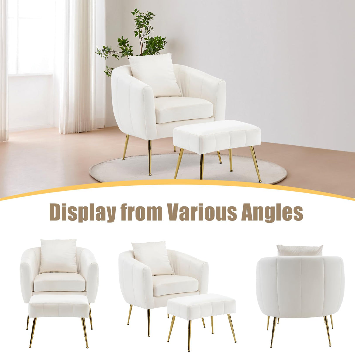 GODECOR Velvet Accent Chair Set,Modern Barrel Chair with Ottoman,Club Chair Reading Armchair with Lumbar Pillow for Living Room/Bedroom/Study Room/Home Office,White GODECOR