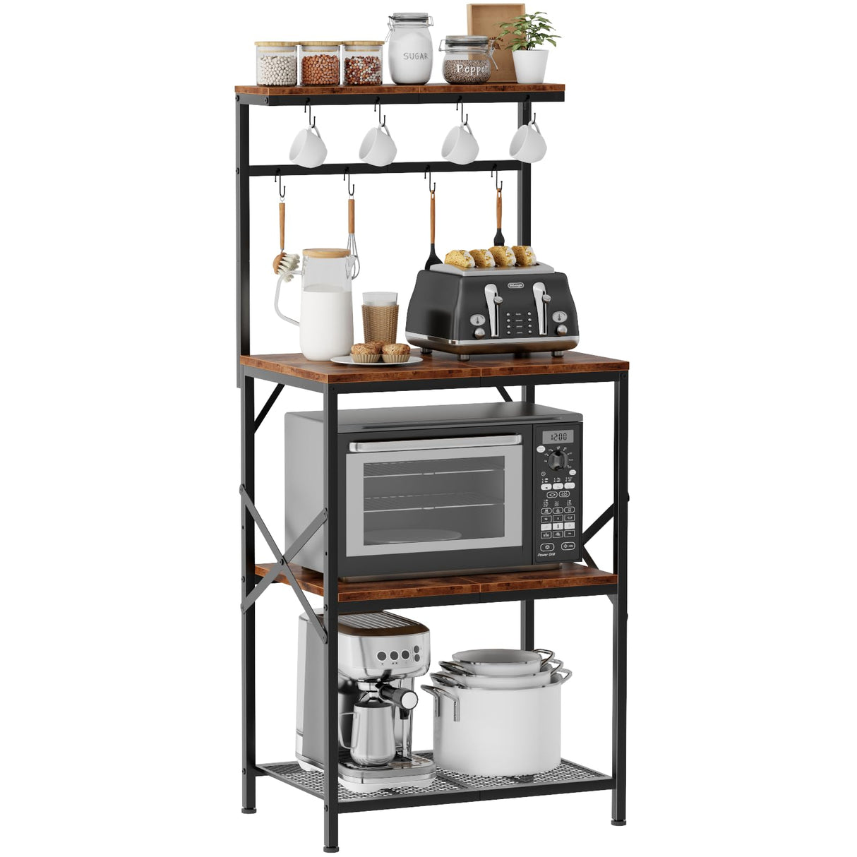 Korfile Kitchen Bakers Rack with Storage Shelves, Small Coffee Bar Table with 8 Hooks, 4 Tiers Microwave Stand Station with Adjustable Shelves, Freestanding Kitchen Appliance Organizer, Rustic Brown Korfile