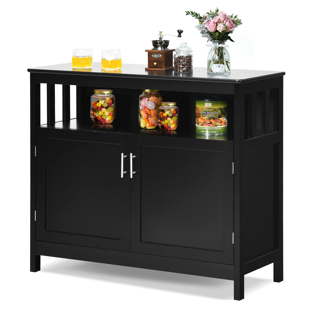 Giantex Kitchen Buffet Sideboard, Wooden Storage Server Cupboard Cabinet, Dining Room Living Room Bar Furniture 2-Door Console Table w/ 5-Position Adjustable Shelf & Open Shelf Drawer Cabinets (Black) Giantex