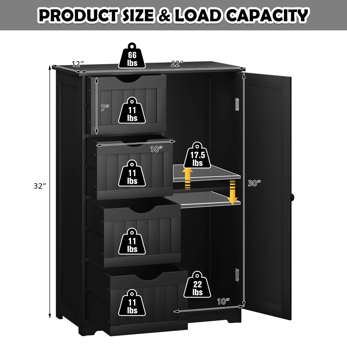 Tangkula Bathroom Floor Cabinet, Freestanding Storage Cabinet with 4 Drawers & Single Door, Adjustable Shelf, Multipurpose Bathroom Storage for Home Office, 22 x 12 x 32 Inches (Black) Tangkula