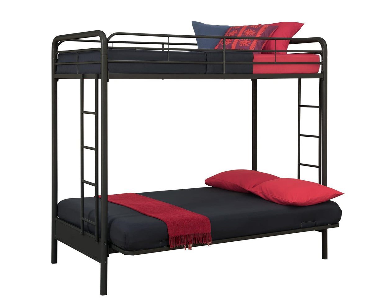 DHP Twin-Over-Futon Convertible Couch and Bed with Metal Frame, Ladder and Guardrails - Black DHP