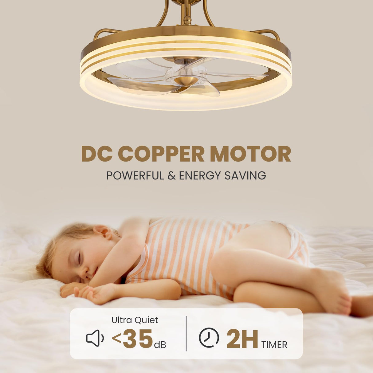 Moooni 20" Ceiling Fan with Light Remote Control Gold Ceiling Fan with Light, 6 Wind Speeds Flush Mount Fandelier, Low Profile LED Ceiling Fan, Modern Ceiling Fan for Bedroom Living Room Kitchen Moooni