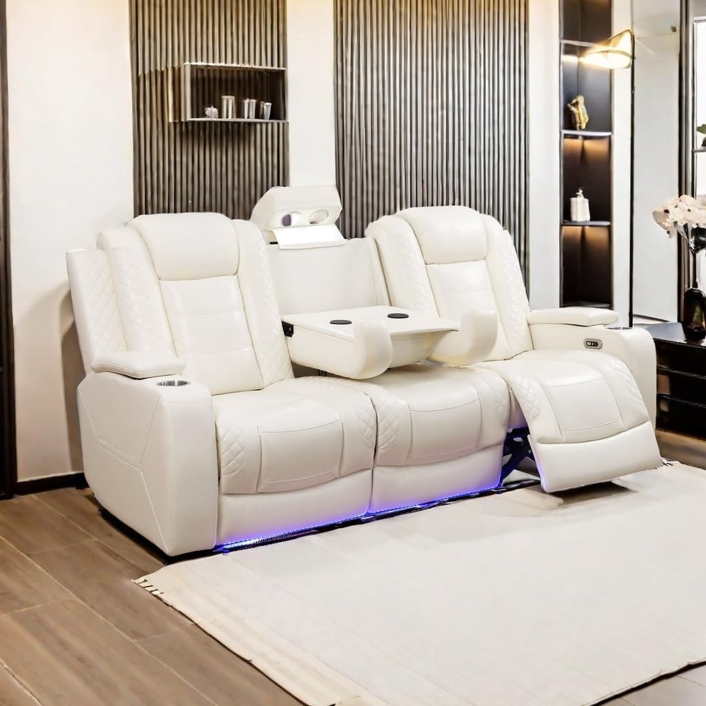 A Ainehome Power Leather Recliner Sofa Set with LED Lights, Recliner Sofa Sectional Couches for Living Room, Reclining Sofa and loveseat with USB Port/Storage Console(Creamy White,Sofa) A Ainehome