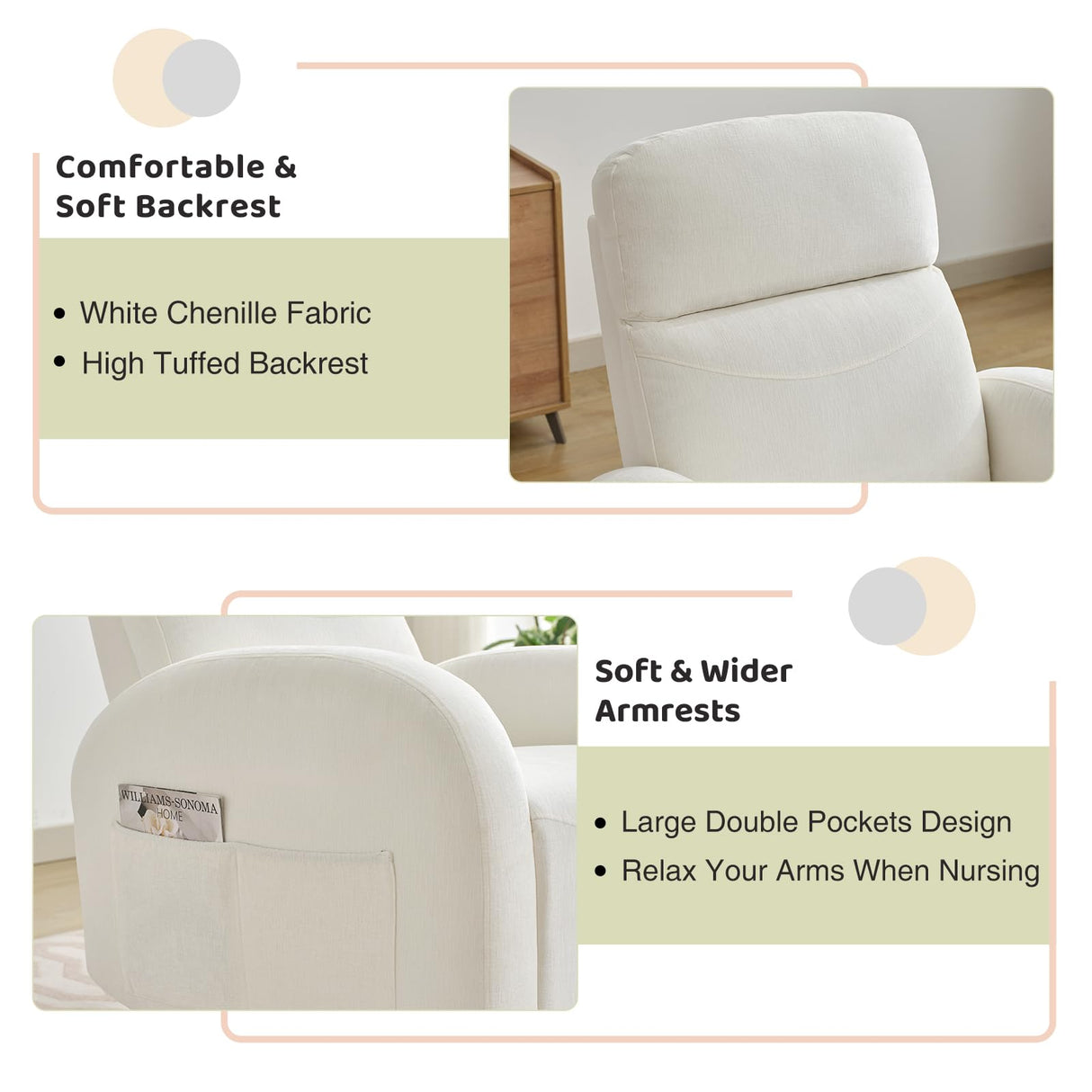 AEMEIOS Swivel Recliner Rocker Nursery, Chenille Nursering Glider Recliner, Manual Swivel Rocking Reclining with Double Pockets for Living Room, Cream White AEMEIOS
