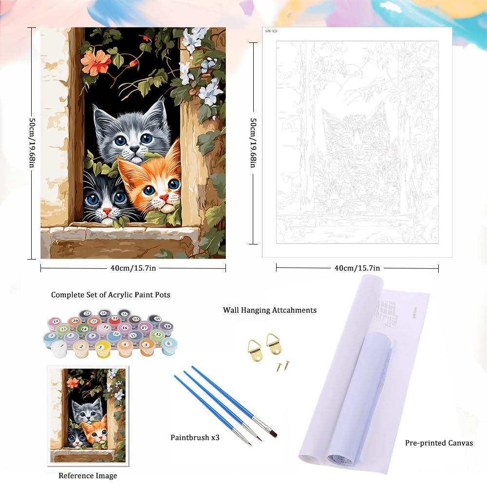 Natuyalo Painting by Numbers for Adults - Three Little Kittens Adult Paint by Number Kits for Beginners, Animals Cats DIY Art Craft Kits for Ideal Gift No Frame (16x20 Inch) Natuyalo