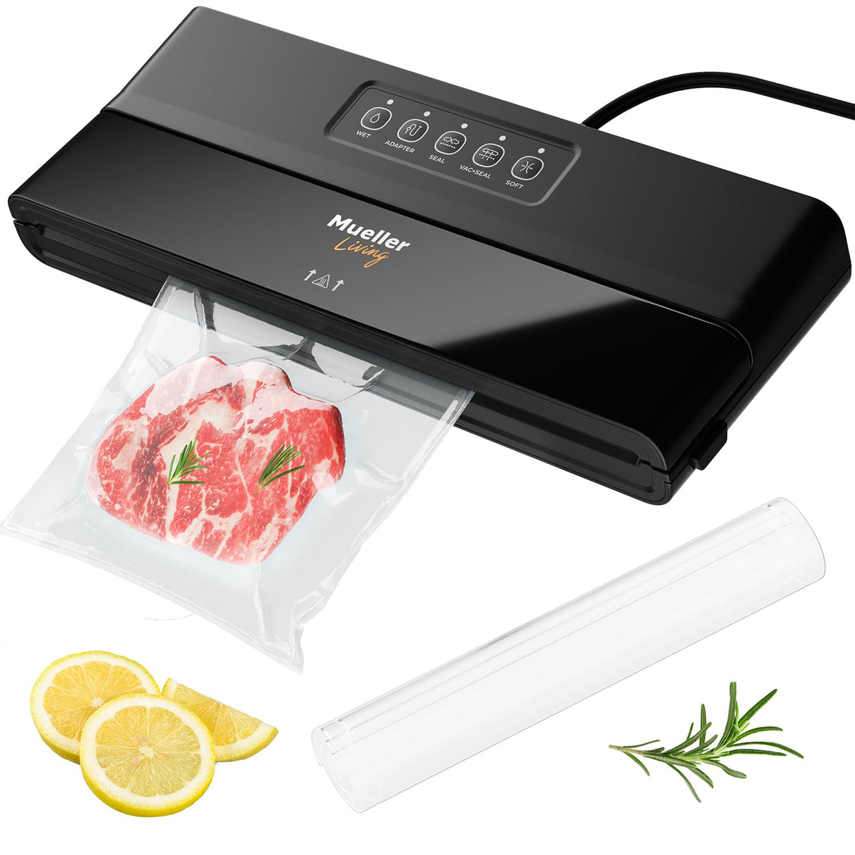 MuellerLiving Vacuum Sealer Machine, Compact Vacuum Sealer Kit with Bags/Roll, LED Light Indicators, Preserve, Marinate, Sous Vide, Black Mueller