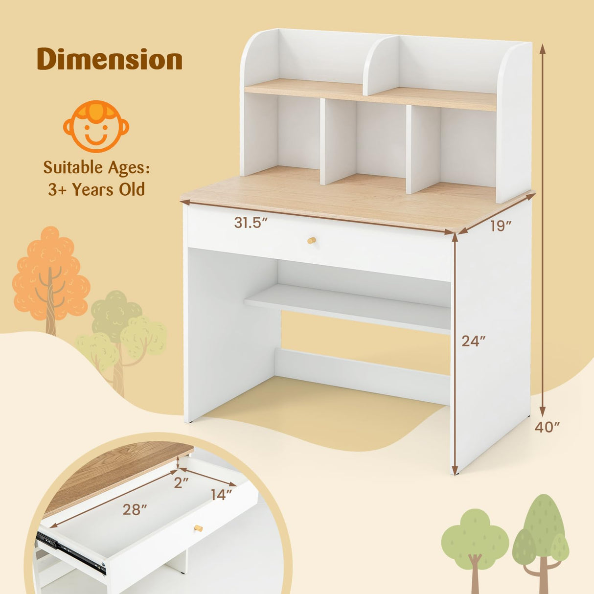 HONEY JOY White Kids Desk, Wooden Children School Study Table with Hutch, Pull-Out Drawer, Storage Shelves, Student Writing Desk Computer Workstation for Bedroom, 3+ Years Old HONEY JOY