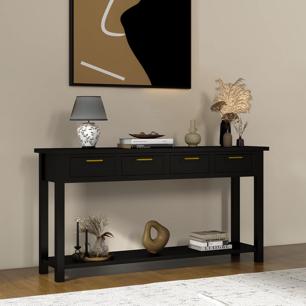 HLXZN Console Table for Entryway, 60 Inch Sofa Table w/4 Drawers and Bottom Shelf Narrow Long Hallway Table for Living Room Entryway Home, Black HLXZN