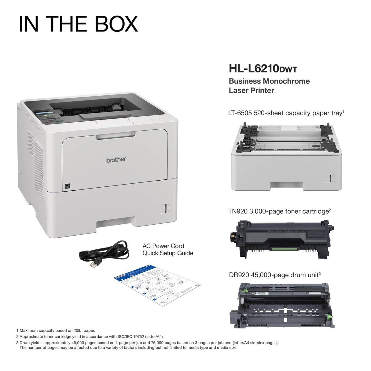 Brother HL-L6210DWT Business Monochrome Laser Printer with Dual Paper Trays, Wireless Networking, and Duplex Printing, White Brother