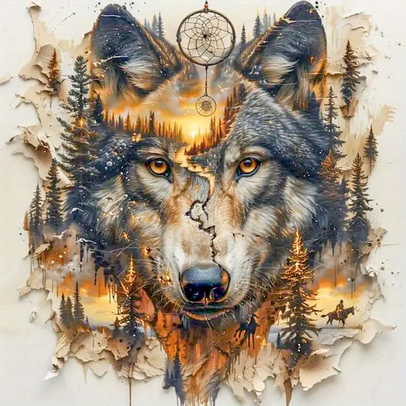 Wolf Diamond Art Kits for Adults, 5D Diamond Painting Kits for Adults Beginners, DIY Round Gem Arts Full Drill Diamond Art Dots Painting, Adult Crafts Kits for Gifts Home Wall Decor 14” x 14” croshom